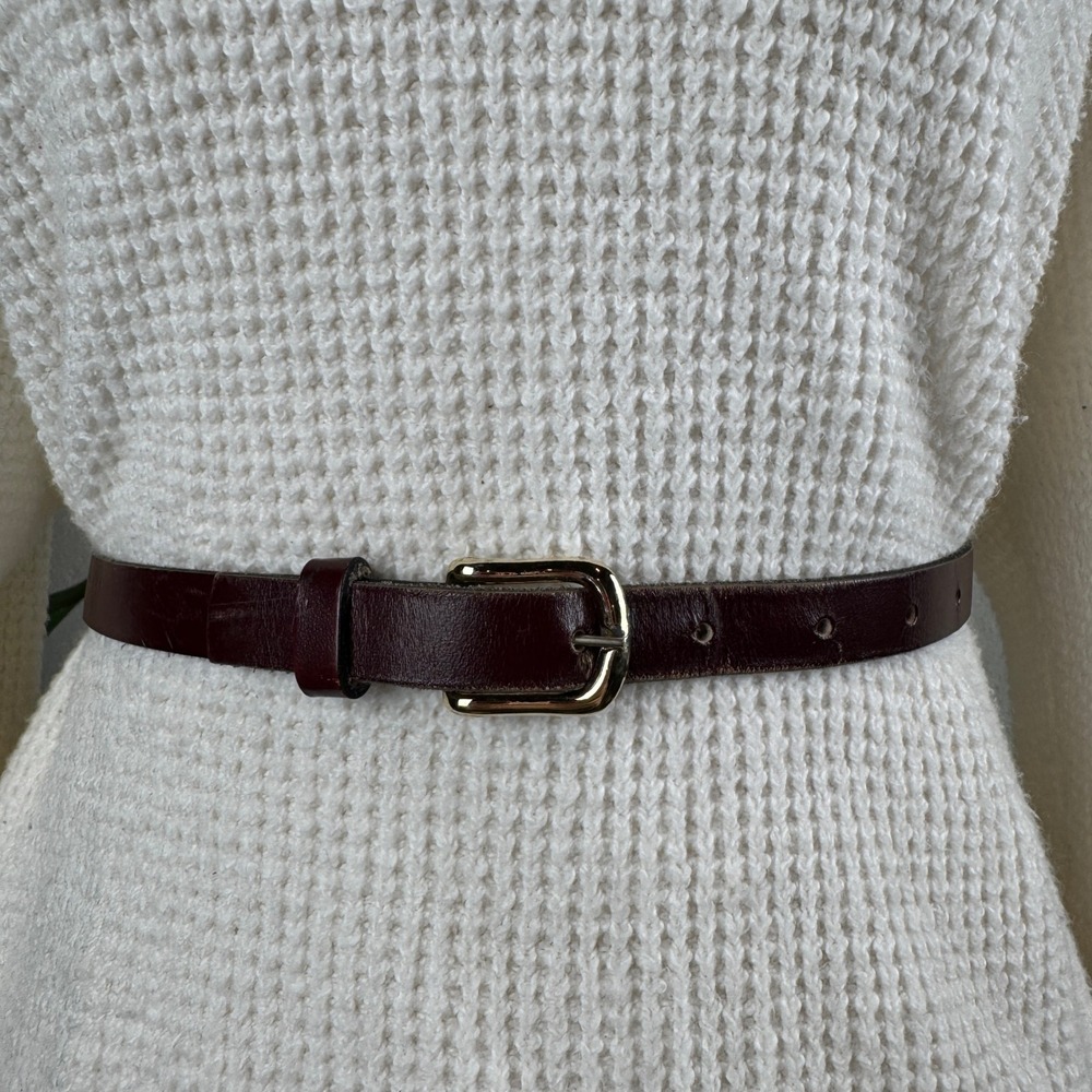 Dark Academia Minimalist Vintage 90s Burgundy Oxblood Leather Belt Womens XS - Picture 1 of 8